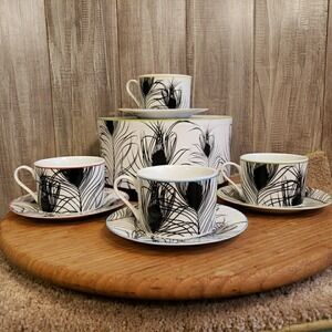 Peacock Feathers by ROSANNA Teacup/Saucer Set White Black Set Of 4 Art Deco Box